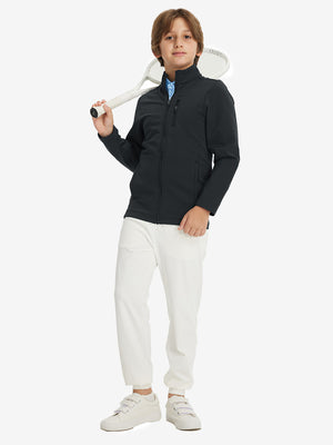 Full-body view of model wearing kids soft lightweight fleece lined jacket in black, displaying the jacket's fit and design.