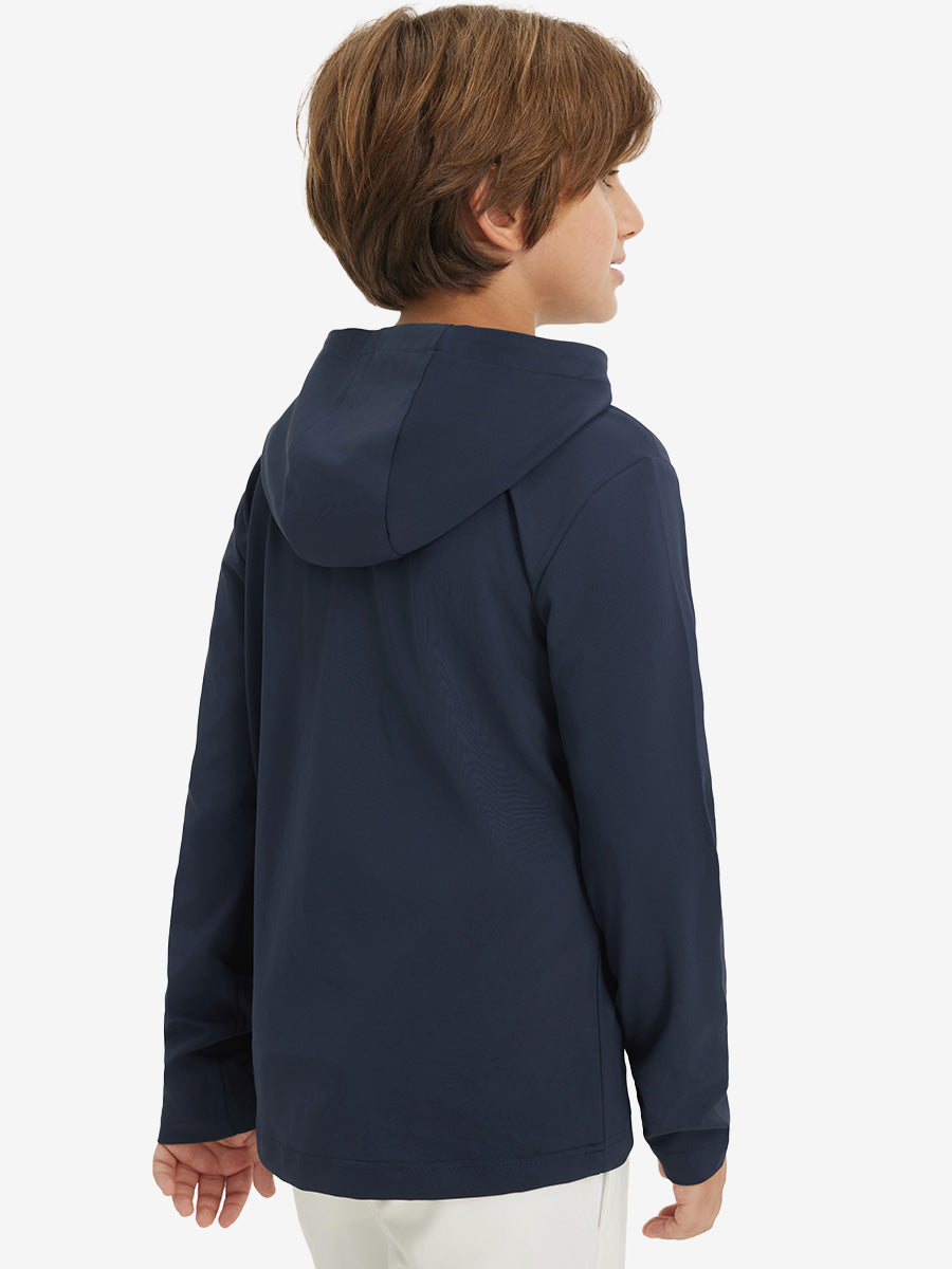 Back upper view of youth long sleeve hoodied with kangaroo pocket in navy, showing fit and shoulders.