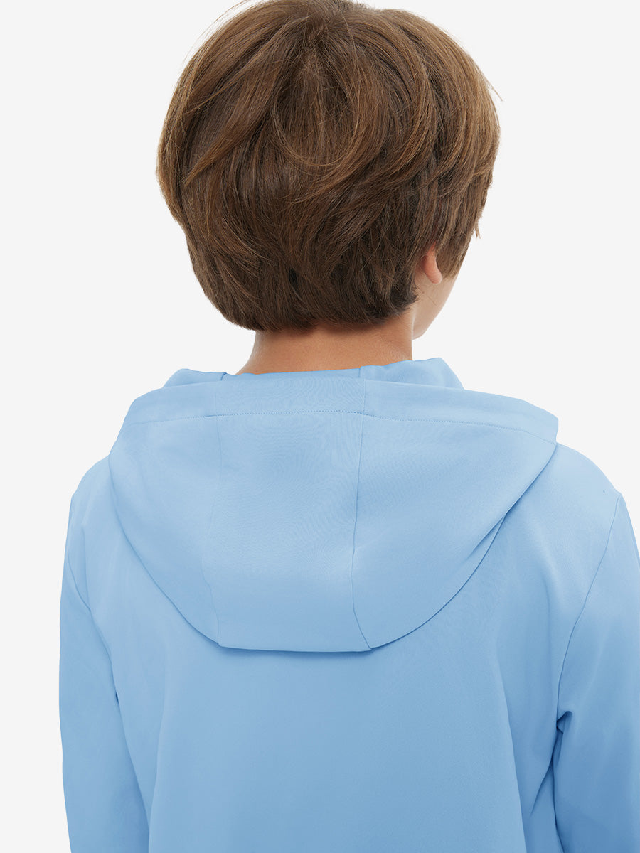 Back upper view of youth long sleeve hoodied with kangaroo pocket in light blue, showing fit and shoulders.
