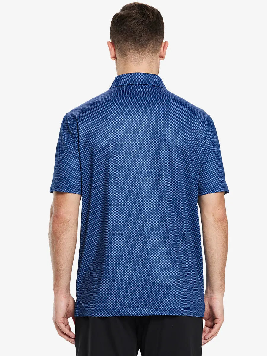 Back half-body view of model in BLUE CIRCLE Performance Quick Dry Print Golf Polo.