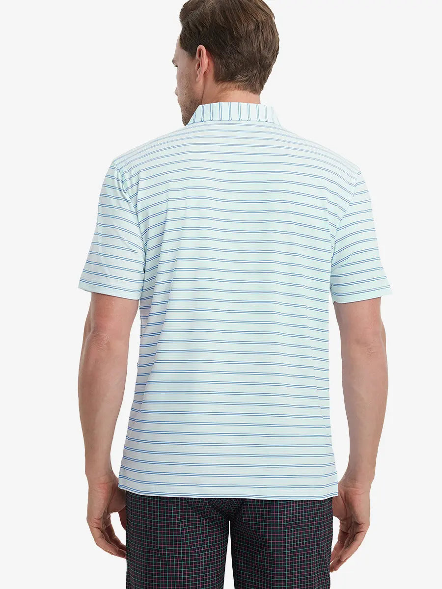 Back view of model in Light Blue Cobalt Stripe Performance Stripe Golf Shirt