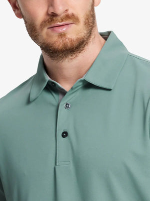 Model front close-up from nose to chest wearing BERYL GREEN Ventilated Pique Performance Polo