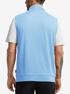 Back upper body shot of model wearing light blue melange lightweight sleeveless quarter zip golf vest