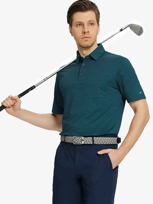 Model holding golf club in TURQUOISE Elegant Performance Jacquard Polo, front half-body view