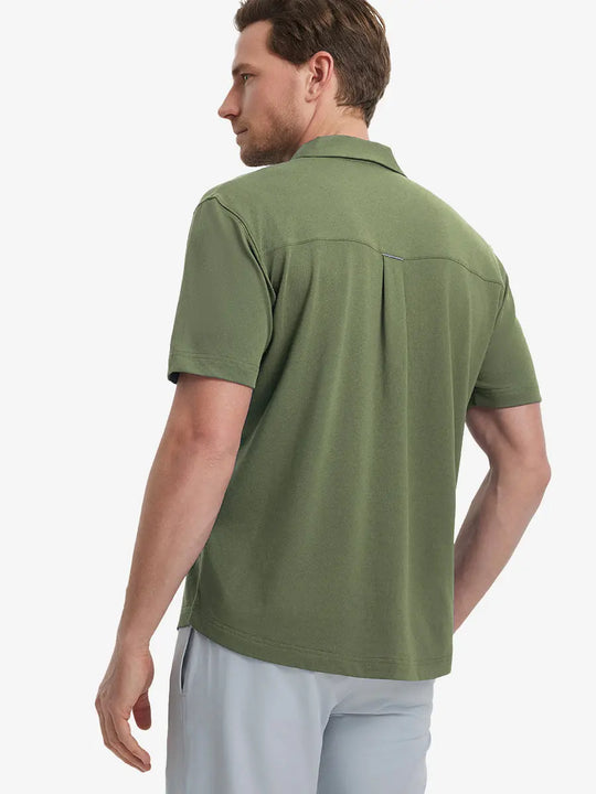 Model half-body back view wearing OLIVE GREEN Cotton Blend Plain Shirt.