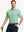 Model in LIGHT GREEN STRIPE Golf Polo holding club — dynamic front half-body pose