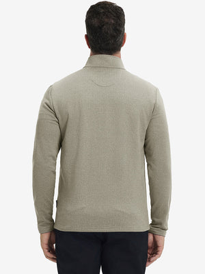 Back upper view of casual fleece lined quarter zip pullover in dust beige, showing fit and seams.