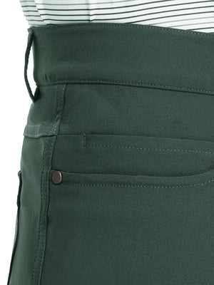 Close-up of right front pocket on Stretch Plain Everyday Pants, detailed stitching – OLIVE GREEN