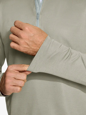 Close-up of cuff on Pinstripe Quarter Zip Pullover, showing stretch and construction – DARK KHAKI MELANGE