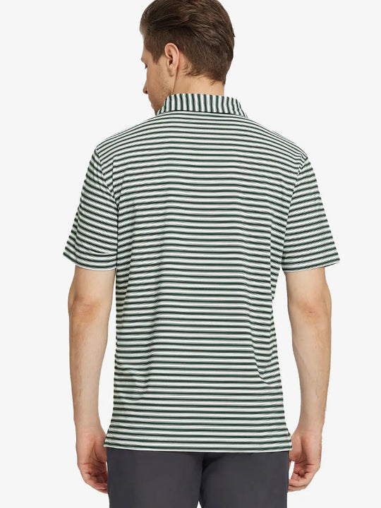 Back half-body view of the Olive Green White Yarn Dyed Stripe Polo – relaxed, athletic fit