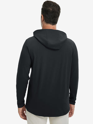 Back upper body view of the dry fit stretchy hoodie in black, simple cut and relaxed posture.