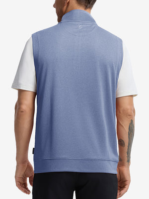 Back upper body shot of model wearing navy melange lightweight sleeveless quarter zip golf vest
