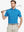 Model in CLASSIC BLUE STRIPE Golf Polo holding club — dynamic front half-body pose