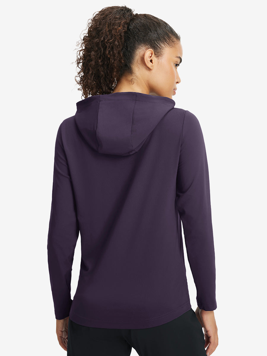 Back upper view of model in women's lightweight hoodies pullover, showing relaxed fit in dark purple.