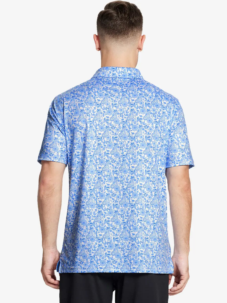 From the back, the model shows the back design of the WHITE PAISLEY Polo shirt, clearly showing the shape and cut of the garment.