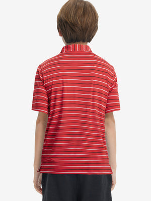 Back upper body view of kids stylish stripe polo shirts, showing pattern and red stripe tone