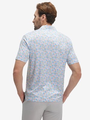 Back half-body view of model wearing the colorful wine glass 4 way stretch print collared polo shirt, highlighting the rear silhouette