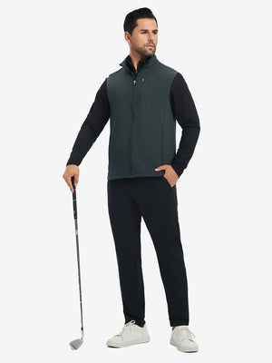 Lifestyle shots of water-resistant fleece golf vests in dark grey, worn while holding golf clubs