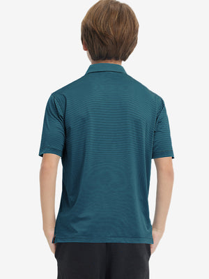 Back half-body view of youth wearing turquoise stripe performance cooling polo, showing rear design