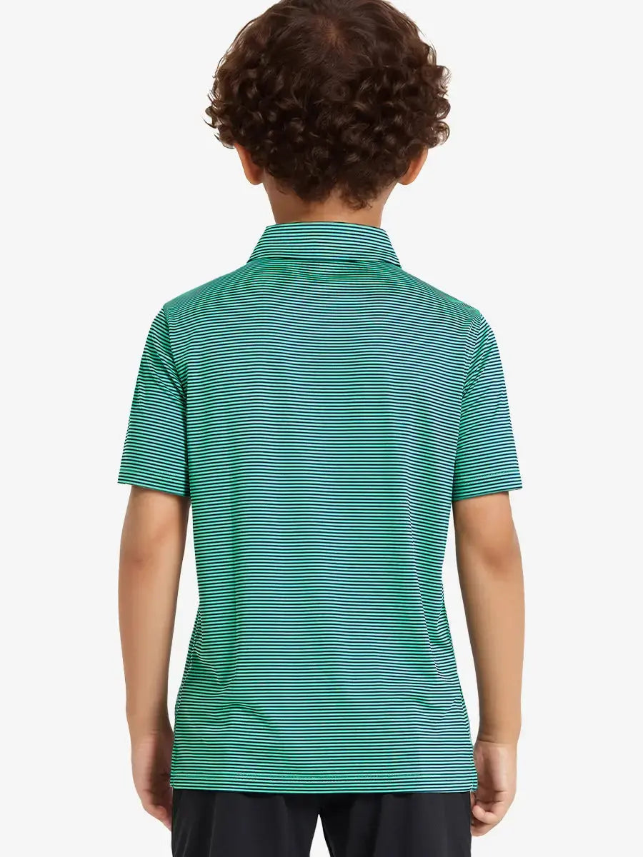 Back view of Youth Cooling Polo – half-body model in Green Stripe