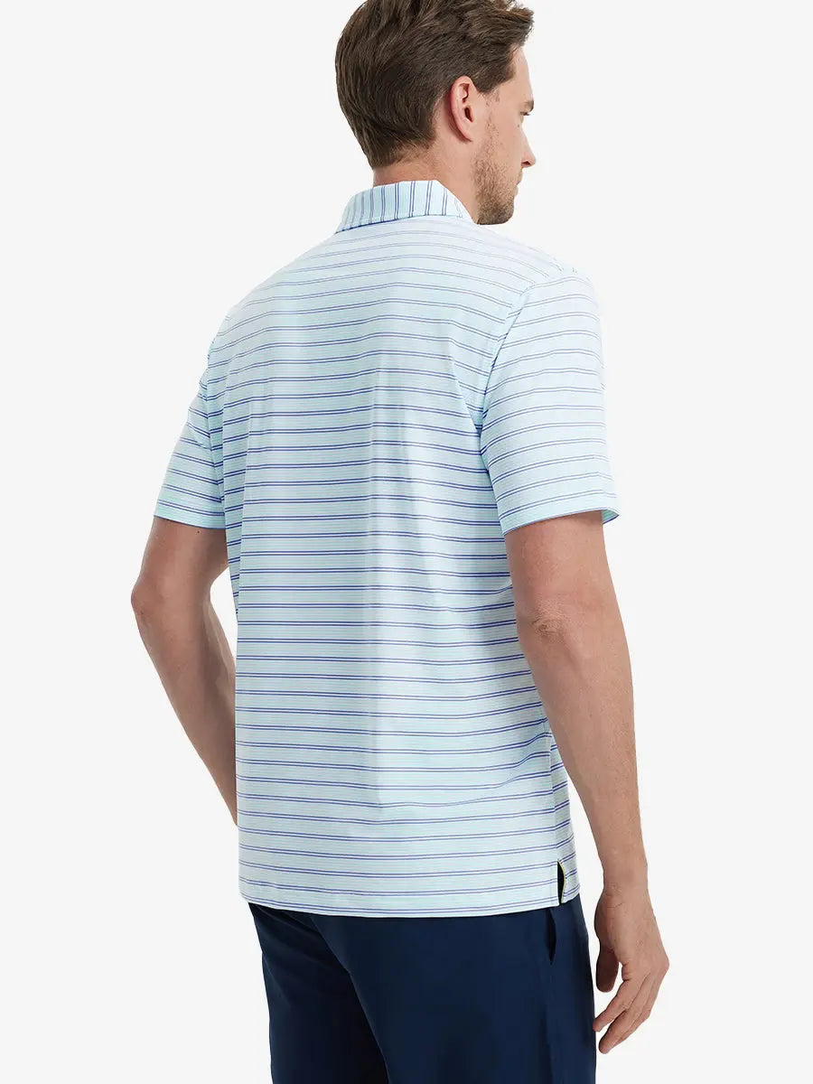 Back view of model in Mint Green Cobalt Stripe Performance Stripe Golf Shirt
