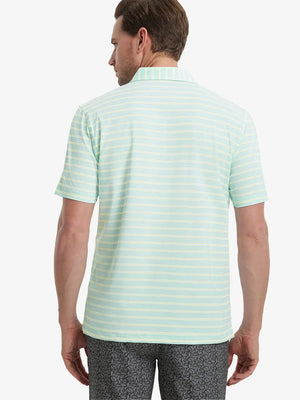Back view of model wearing Aqua Blue Yellow Stripe Performance Stripe Golf Shirt