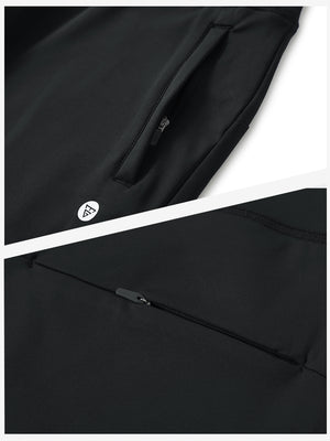 Detailed view of the front side pocket on women's stretch fleece lined water resistant joggers in black, showing stitching and design.