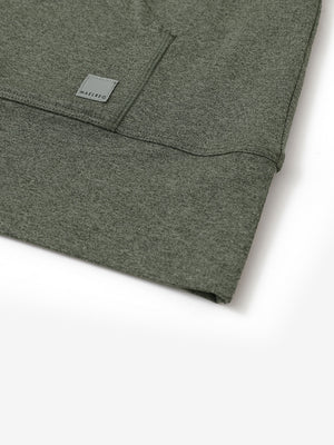 Hemline detail of the Quarter Zip Hoodie in Olive Green Heather, showing neat edges and fine craftsmanship.