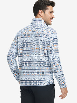 Back upper body angle of the christmas snowflake full print quarter zip pullover, model turns head slightly.