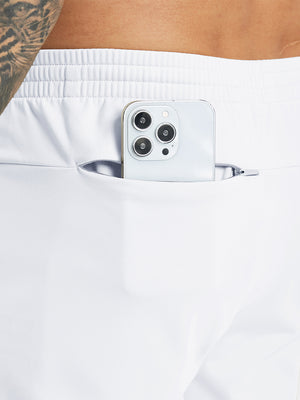 Back pocket detail of Water Resistant Comfy Fleece Golf Joggers in white, holding smartphone