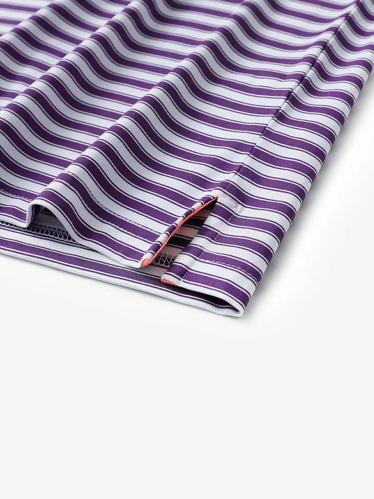 Close-up of hem slit detail on Purple White Yarn Dyed Stripe Polo
