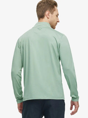 Back half-body view of model in Pinstripe Quarter Zip Pullover, showing back detail – BERYL GREEN MELANGE