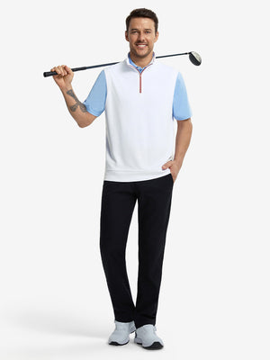Front full body shot of model wearing white lightweight sleeveless quarter zip golf vest with golf club resting on shoulder