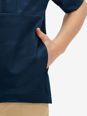 Detail shot of pocket on navy water-resistant short sleeve q-zip hoodie for boys