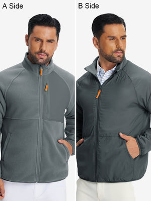 The model showcases a dark grey reversible fleece jacket with 5 pockets, highlighting its two-in-one reversible design.