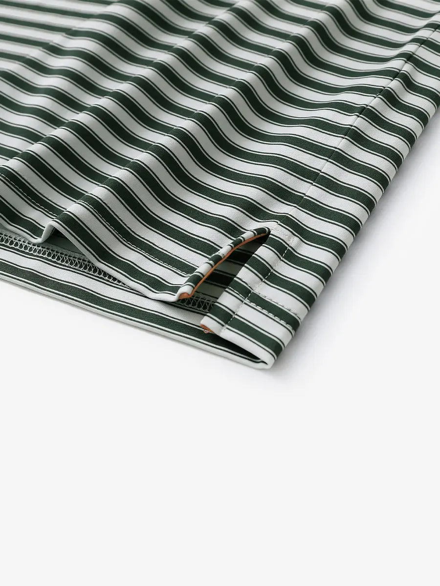 Detailed shot of the hem slit on the Olive Green White Yarn Dyed Stripe Polo – clean finish touch