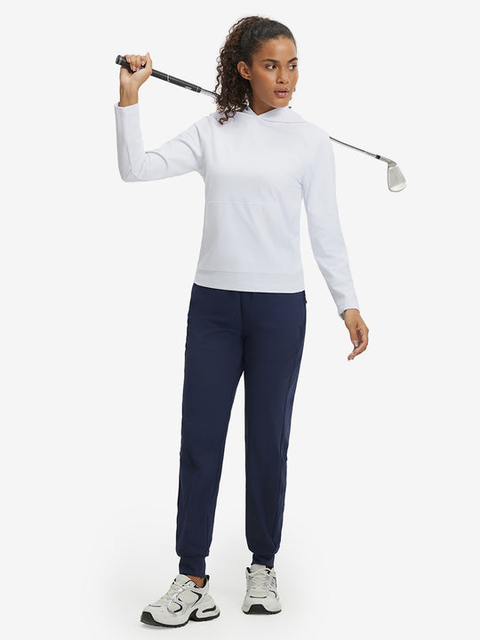 Model holding golf club, dressed in women's lightweight hoodies pullover in white.