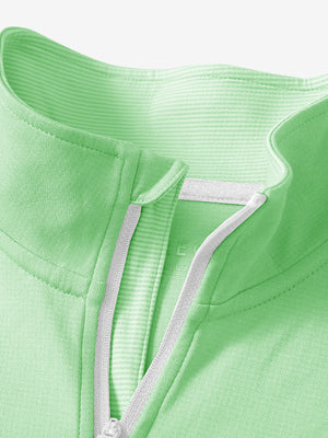 Detail shot of collar opening of light green melange moisture wicking quarter zip pullover