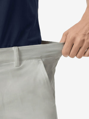 Detail view of elastic waistband on silver grey women's regular fit stretchy golf pants