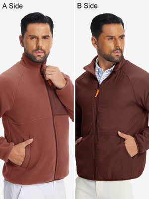 The model showcases a maroon reversible fleece jacket with 5 pockets, highlighting its two-in-one reversible design.
