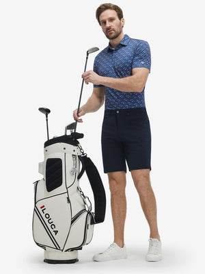 Full-body front view of model wearing the american elements 4 way stretch print collared polo shirt, showing the complete outfit
