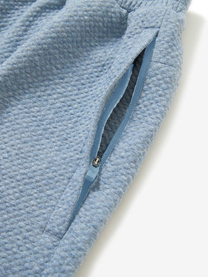 Detail of zipper pocket on soft sweatpants with 4 zipper pockets in blue heather