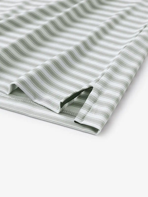 Close-up of the hem slit on the Grey White Yarn Dyed Stripe Polo – functional and stylish