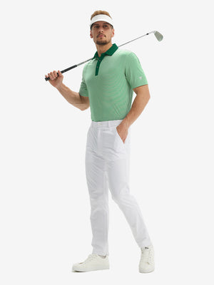 Full front: model in emerald stripe upgraded two-tone striped quick dry polo shirt holding golf club.