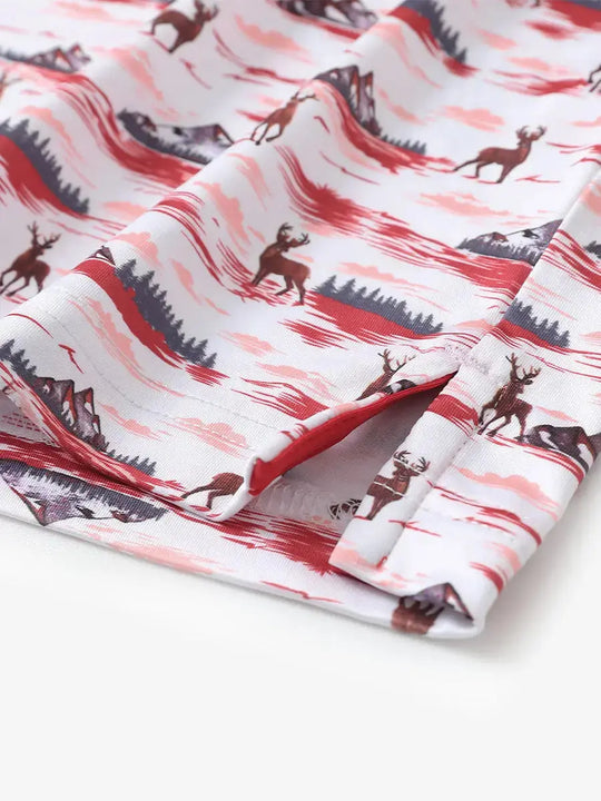 Hem slit detail of MAELREG Performance Jersey Print Polo in Sunset Elk – comfort & movement