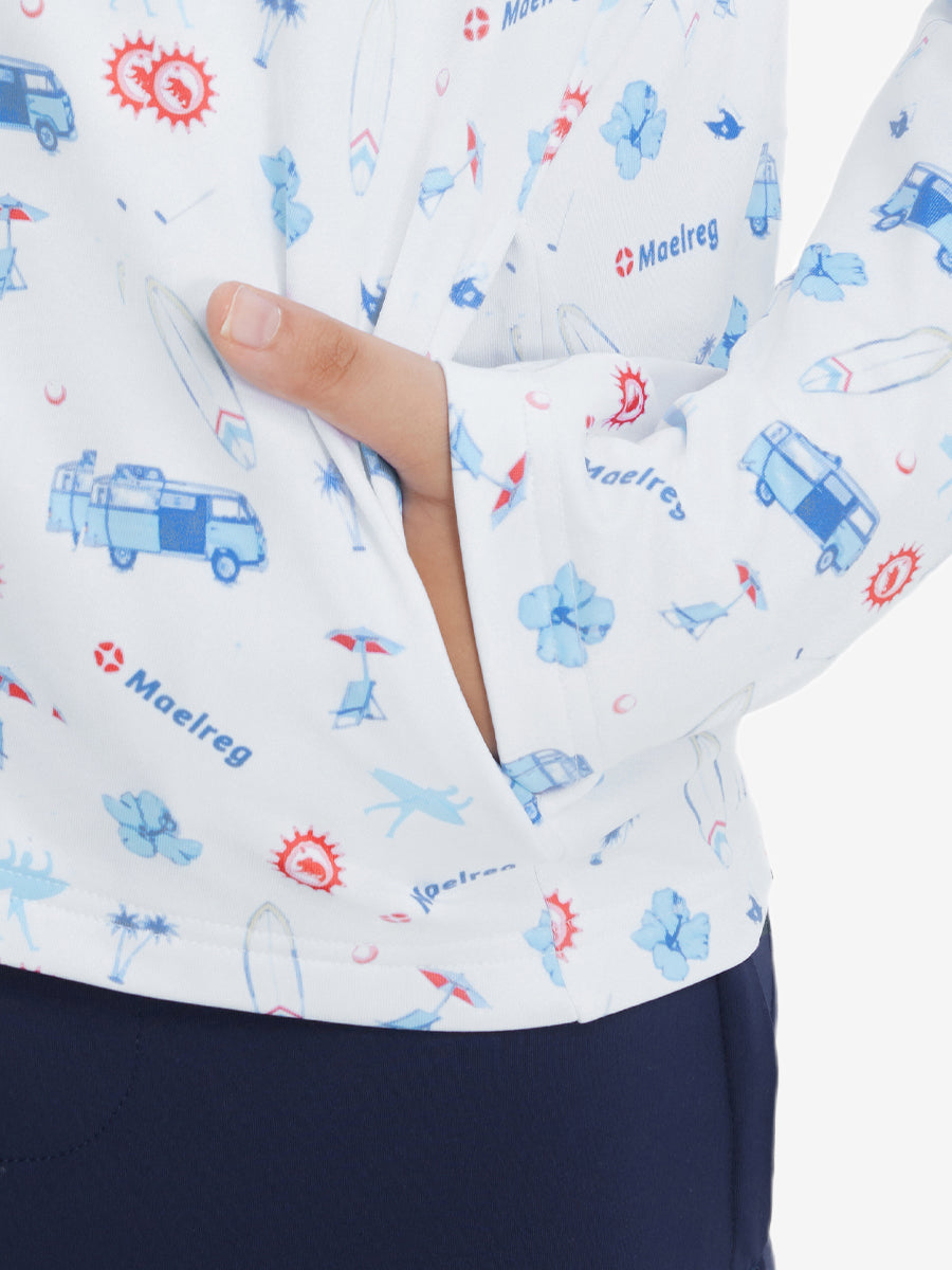 Model with both hands in pockets wearing youth full print stylish hoodies pullover in white cartoon toy.