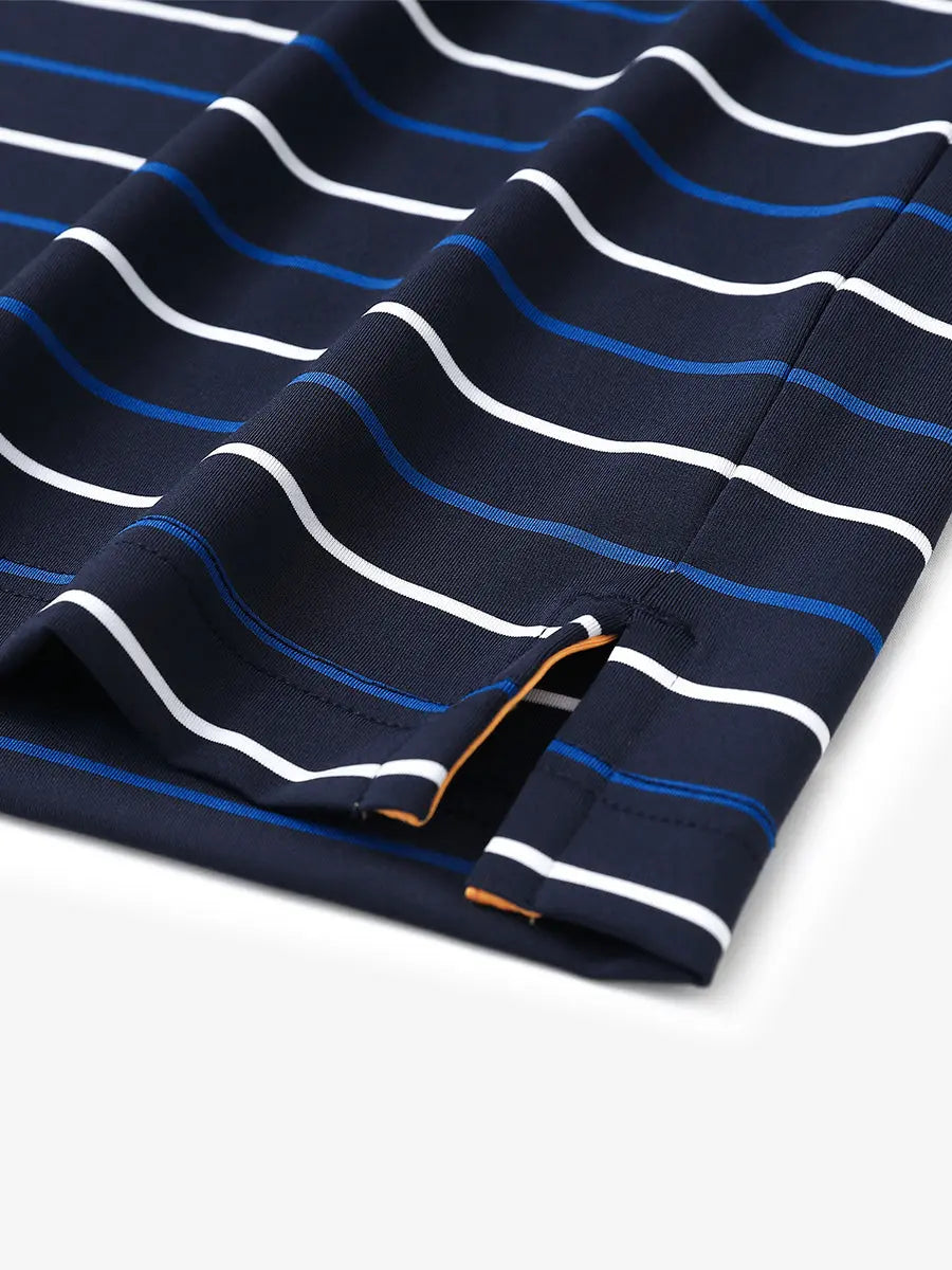 Back half-body view of model wearing NAVY STRIPE Stylish Performance Golf Polo