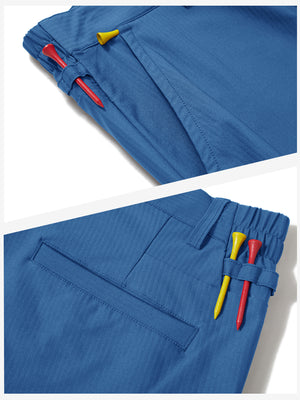 Waistband detail of lightweight flat front casual trousers in colony blue, showing clean stitching.