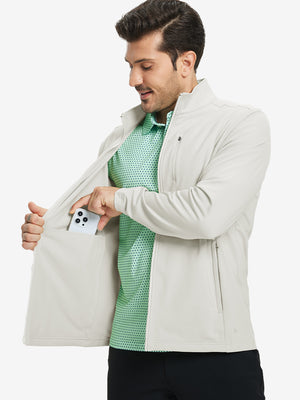 Close-up of hand in pocket on lightweight casual fleece jacket with 5 pockets, oyster grey fabric detail