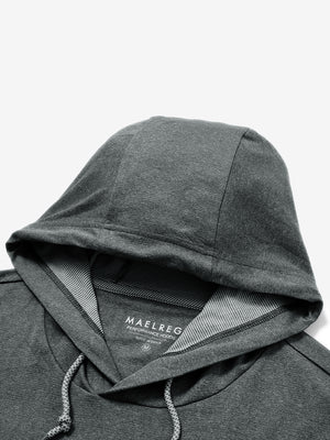 Hood detail of the classic heather pullover hoodie in black melange, showcasing fabric and stitching.